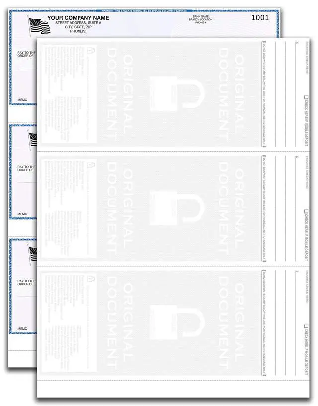 Alt view image 2 of 6 - 3 Checks Per Page Hologram High Security Laser Check Stock | 150 Sheets/450 Checks | Blue/Maroon