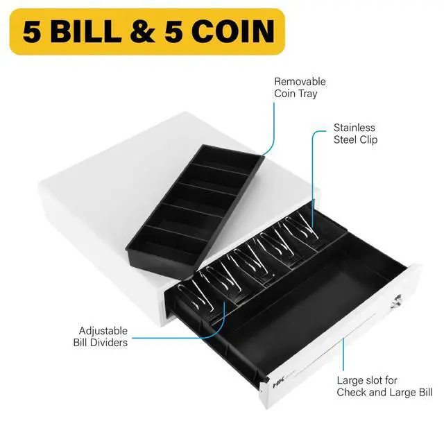Alt view image 4 of 6 - 16inch Heavy Duty POS Cash Drawer with 5Bill/5Coin, Removable Coin Compartment, 24V, RJ11, Single Large Media Slot, White