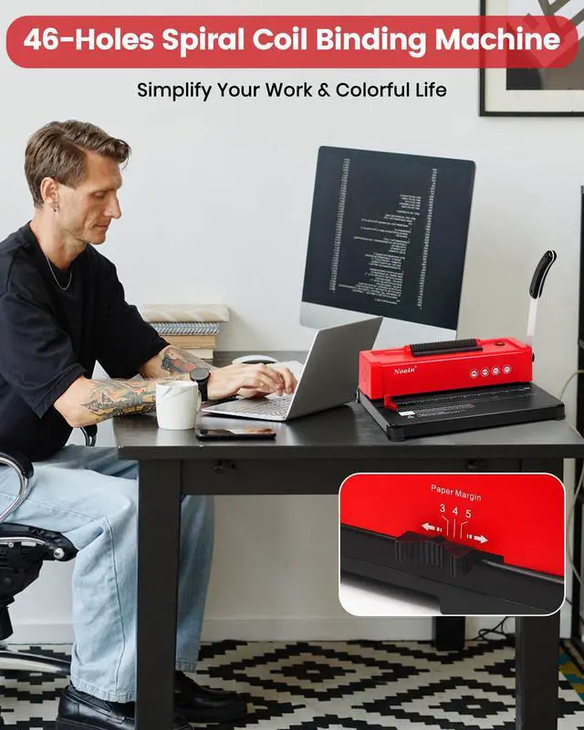 Alt view image 2 of 6 - 46-Hole Binding Machine Spiral Coil Binder Red,DIY Book Binder Kits with Electric Coil Inserter,4:1 Pitch 500 Sheets,Come with 100pcs Comb Binding Spines,School Office Home