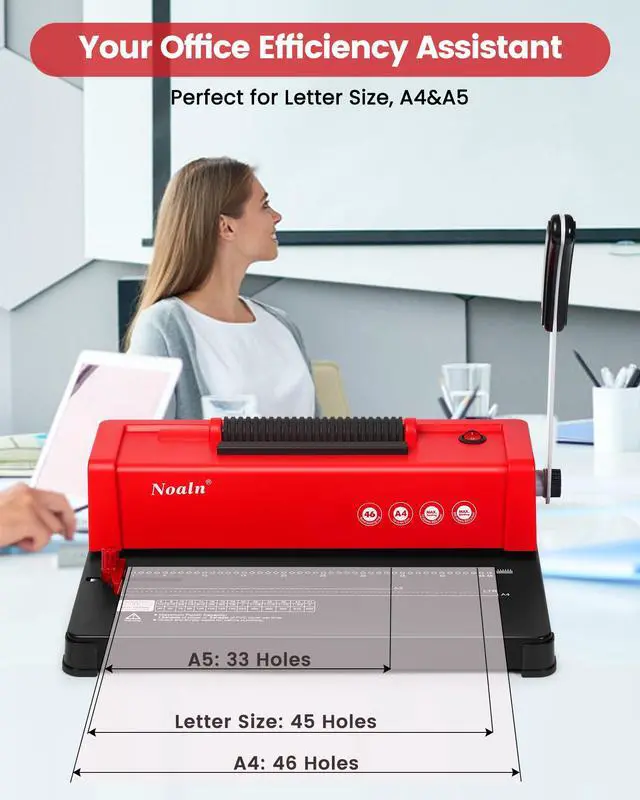 Alt view image 3 of 6 - 46-Hole Binding Machine Spiral Coil Binder Red,DIY Book Binder Kits with Electric Coil Inserter,4:1 Pitch 500 Sheets,Come with 100pcs Comb Binding Spines,School Office Home