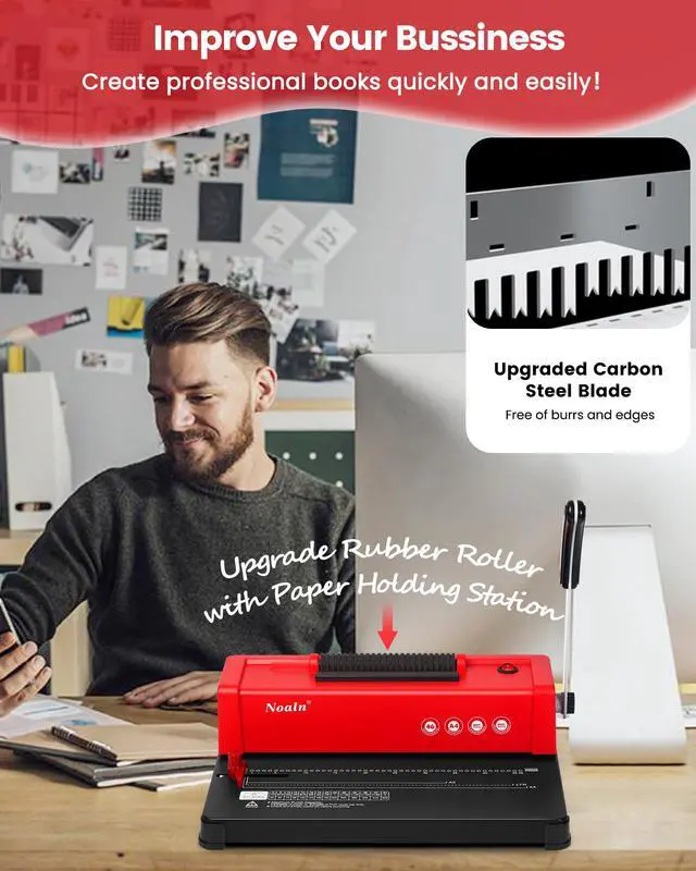 Alt view image 5 of 6 - 46-Hole Binding Machine Spiral Coil Binder Red,DIY Book Binder Kits with Electric Coil Inserter,4:1 Pitch 500 Sheets,Come with 100pcs Comb Binding Spines,School Office Home