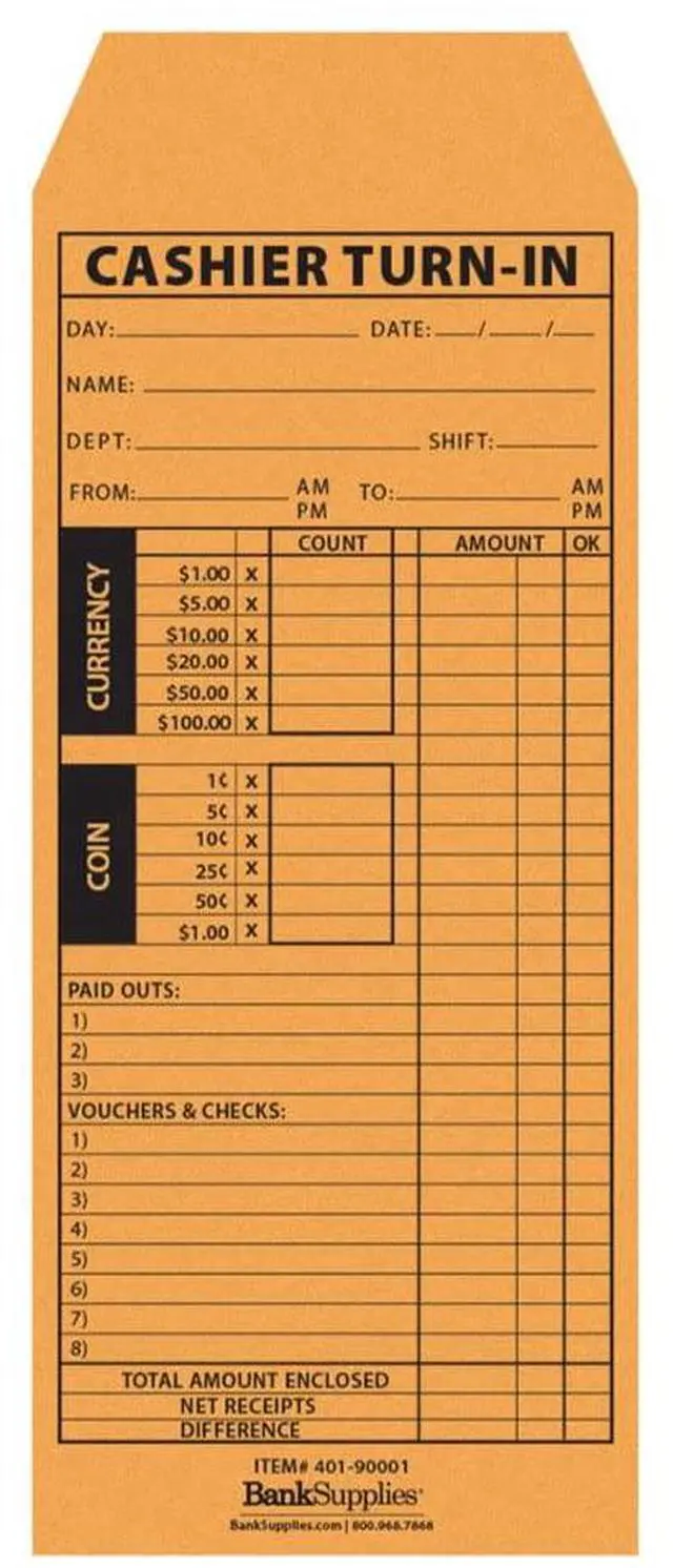 Main image of Cashier Turn-In Envelopes 4.5 Inches by 10.375 Inches 500 Brown Kraft Paper Envelopes Standard Open End Moisten and Seal Closure