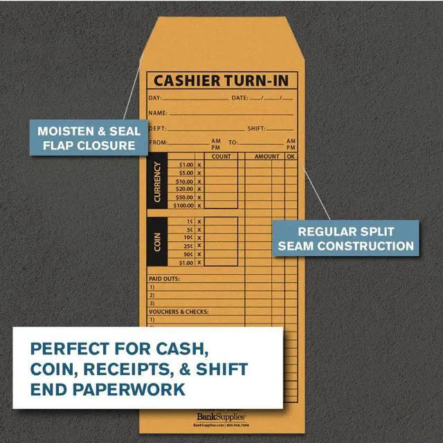 Alt view image 5 of 5 - Cashier Turn-In Envelopes 4.5 Inches by 10.375 Inches 500 Brown Kraft Paper Envelopes Standard Open End Moisten and Seal Closure