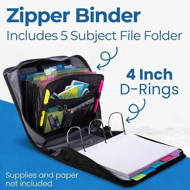 Alt view image 2 of 6 - Case-it School Zipper Binder | 4-Inch D-Rings | 800-Sheet | D-186 Jet Black | King Sized Zip Tab, 5-Subject Expanding File Folder, Multiple Pockets, Storage Organizer, Shoulder Strap, 4-Pack, Office