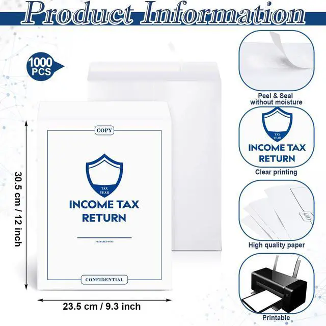 Alt view image 2 of 6 - 1000 Pcs Income Tax Return Envelope for Tax Preparers 9 x 12 Inches Open End Security Envelopes for Office Business Legal Documents Catalog Paper Mailing, White