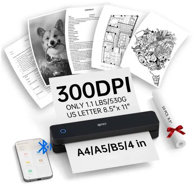 Main image of Portable Thermal Printer, 300DPI Inkless-Bluetooth Mobile Printers | Wireless Printer for Travel, Office, Vehicles, Home Use, Supports 8.5" x 11" US Letter, A4 Compatible with iOS, Android, PC