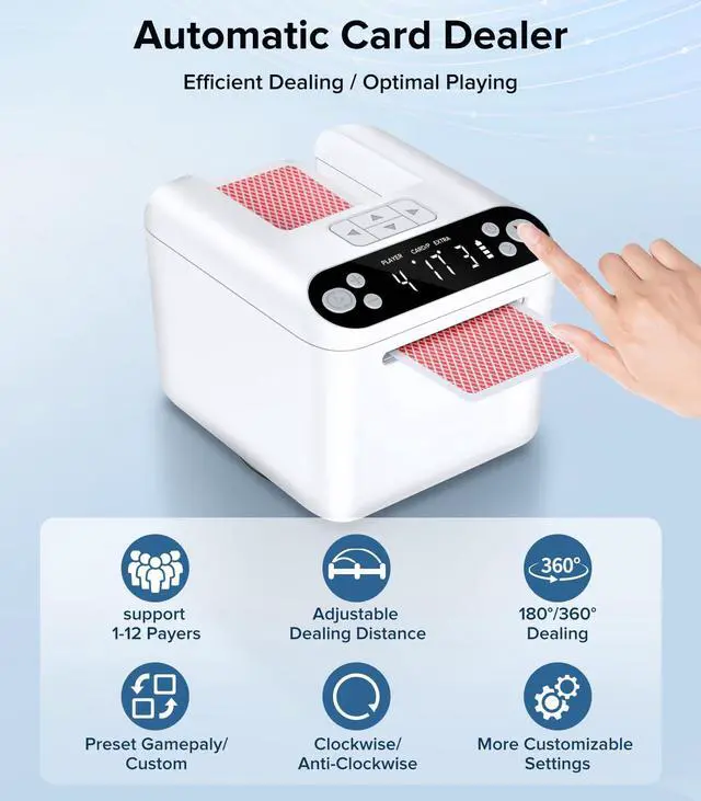 Alt view image 2 of 6 - Card Dealer Machine for 1-3 Decks with 4 Remotes | 12 Players, Rechargeable Card Dealer 360°/180°, Quiet & Portable, Poker & Blackjack Card Dispenser for Game Night