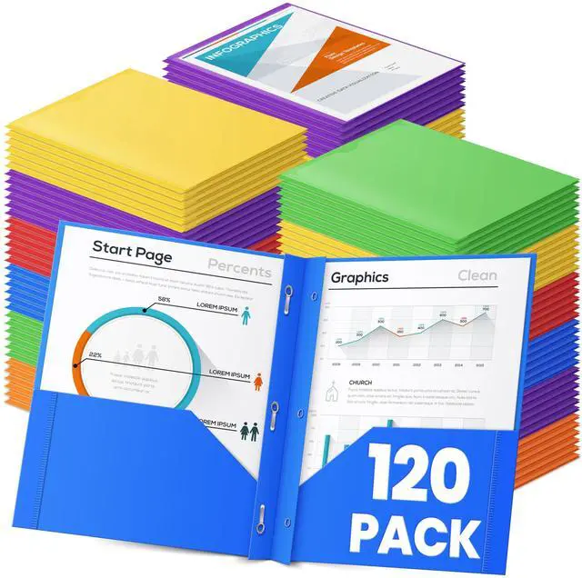 Main image of 120 Pack 2 Pocket Folders with 3 Prongs, Bulk Plastic Folders with Clear Front Pocket in 6 Colors, Heavy Duty File Folder with Fastener Clasps, Ideal School and Office Supplies