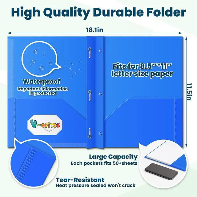 Alt view image 3 of 6 - 120 Pack 2 Pocket Folders with 3 Prongs, Bulk Plastic Folders with Clear Front Pocket in 6 Colors, Heavy Duty File Folder with Fastener Clasps, Ideal School and Office Supplies