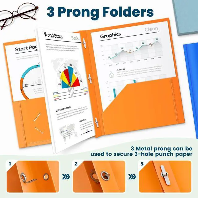 Alt view image 4 of 6 - 120 Pack 2 Pocket Folders with 3 Prongs, Bulk Plastic Folders with Clear Front Pocket in 6 Colors, Heavy Duty File Folder with Fastener Clasps, Ideal School and Office Supplies