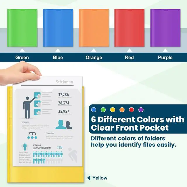 Alt view image 5 of 6 - 120 Pack 2 Pocket Folders with 3 Prongs, Bulk Plastic Folders with Clear Front Pocket in 6 Colors, Heavy Duty File Folder with Fastener Clasps, Ideal School and Office Supplies