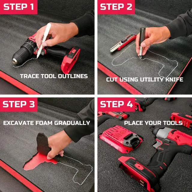 Alt view image 4 of 6 - Tool Box Foam 54x16x2 inch 1PC, Foam Inserts for Cases, Polyethylene Storage Sheets for Toolbox Hard Case, Tool Shadow Insert, Kaizen Organizer Sheet, Black with Red