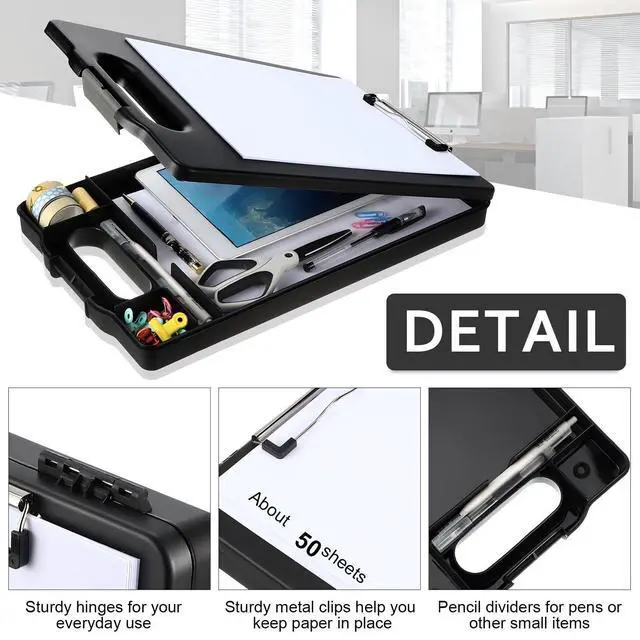 Alt view image 4 of 6 - 6 Pcs Heavy Duty Clipboard with Storage and Handle Plastic Compartments Built-in Pen Holder Large Capacity Foldable Clipboard with Storage and Clip, 9.8x15.3(Black)