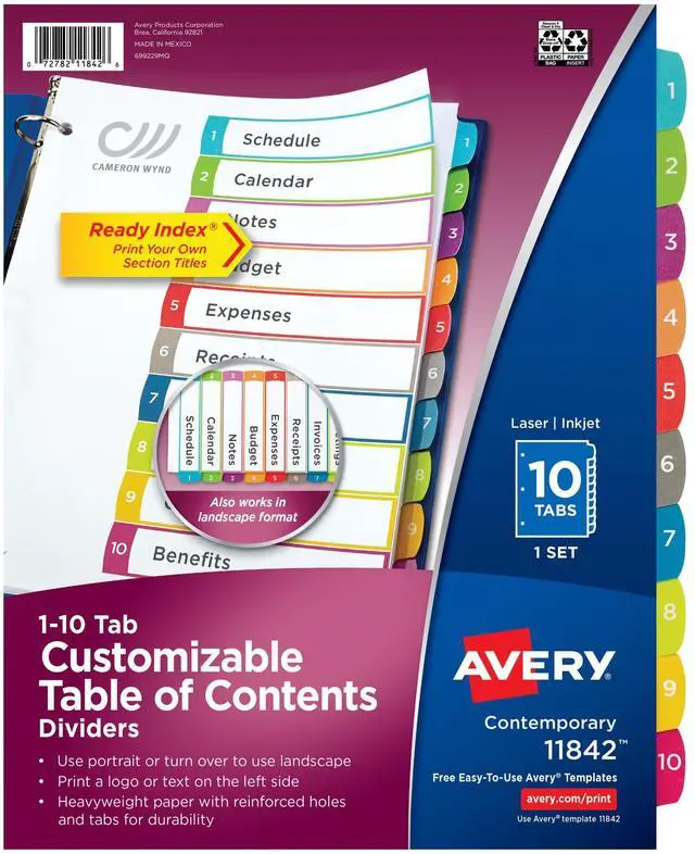 Main image of Dividers for 3 Ring Binders, 10 Tabs per Set, Customizable Table of Contents, Multicolor Arched Tabs, Great for Organizing Reports, Projects, and More (36 Sets of 11842)