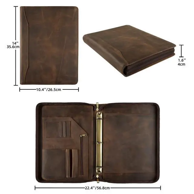 Alt view image 2 of 6 - Genuine Leather Portfolio Binder & Organizer, Vintage Leather 3 Ring Binder, Business Men's Custom Padfolio, Legal Pads Zippered Portfolio (Dark Khaki, Non-Custom)