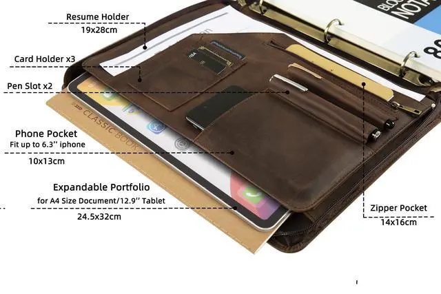 Alt view image 4 of 6 - Genuine Leather Portfolio Binder & Organizer, Vintage Leather 3 Ring Binder, Business Men's Custom Padfolio, Legal Pads Zippered Portfolio (Dark Khaki, Non-Custom)