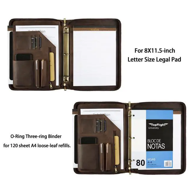Alt view image 5 of 6 - Genuine Leather Portfolio Binder & Organizer, Vintage Leather 3 Ring Binder, Business Men's Custom Padfolio, Legal Pads Zippered Portfolio (Dark Khaki, Non-Custom)