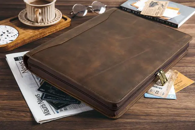 Alt view image 6 of 6 - Genuine Leather Portfolio Binder & Organizer, Vintage Leather 3 Ring Binder, Business Men's Custom Padfolio, Legal Pads Zippered Portfolio (Dark Khaki, Non-Custom)