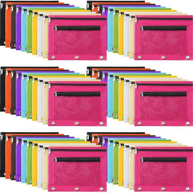 Main image of 60 Pack Pencil Pouches for 3 Ring Binder, A4/letter Size Compatible, 3 Hole Zipper Pouches with Clear Window, Double Zipper Pencil Case Bulk for Office School College Supplies(Multi Color)