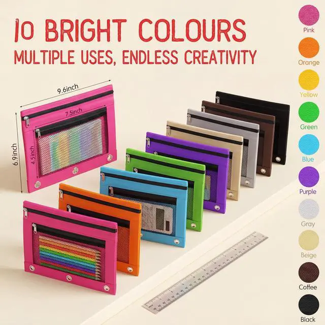 Alt view image 2 of 6 - 60 Pack Pencil Pouches for 3 Ring Binder, A4/letter Size Compatible, 3 Hole Zipper Pouches with Clear Window, Double Zipper Pencil Case Bulk for Office School College Supplies(Multi Color)