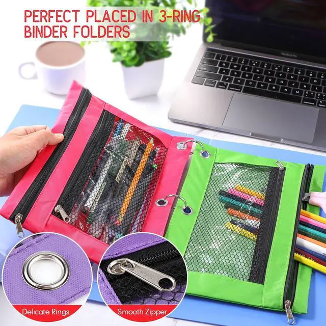 Alt view image 4 of 6 - 60 Pack Pencil Pouches for 3 Ring Binder, A4/letter Size Compatible, 3 Hole Zipper Pouches with Clear Window, Double Zipper Pencil Case Bulk for Office School College Supplies(Multi Color)