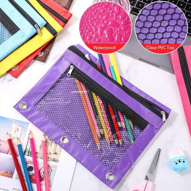 Alt view image 5 of 6 - 60 Pack Pencil Pouches for 3 Ring Binder, A4/letter Size Compatible, 3 Hole Zipper Pouches with Clear Window, Double Zipper Pencil Case Bulk for Office School College Supplies(Multi Color)