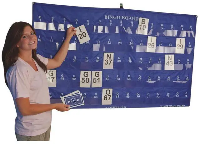 Main image of Manual Bingo Masterboard Pocket Chart. Large 60" L x 35" W Chart with 75 Pockets to Hold Bingo Calling Cards. Pockets are about 4" Wide. Includes Grommets for Hanging