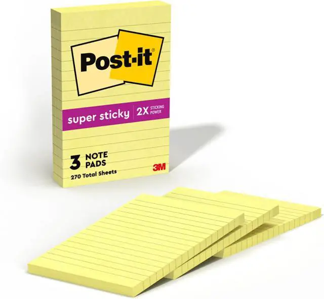 Main image of Super Sticky Lined Notes, 3 Sticky Note Pads, 4 x 6 in., School Supplies, Office Products, StickyNotes for Vertical Surfaces, Monitors, Walls and Windows, Canary Yellow (Pack of 8)