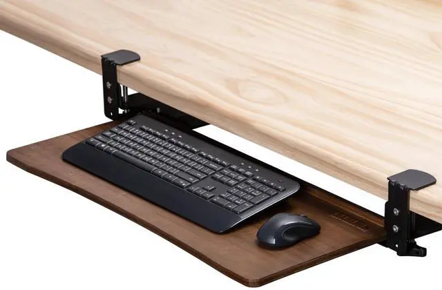 Main image of Keyboard Tray Under Desk with Wrist Rest, Bamboo Wood Keyboard Drawer with Full Size Keyboard and Mouse Pad, Walnut Color, KBTY-2