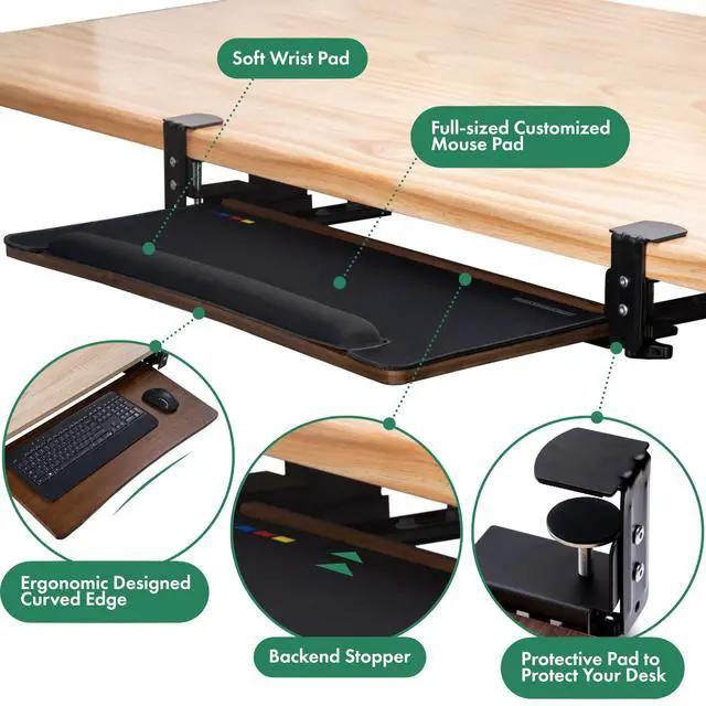 Alt view image 3 of 6 - Keyboard Tray Under Desk with Wrist Rest, Bamboo Wood Keyboard Drawer with Full Size Keyboard and Mouse Pad, Walnut Color, KBTY-2