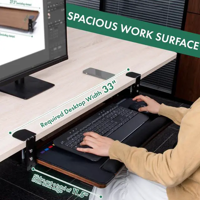 Alt view image 4 of 6 - Keyboard Tray Under Desk with Wrist Rest, Bamboo Wood Keyboard Drawer with Full Size Keyboard and Mouse Pad, Walnut Color, KBTY-2