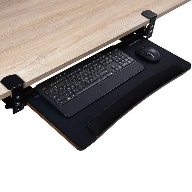 Alt view image 6 of 6 - Keyboard Tray Under Desk with Wrist Rest, Bamboo Wood Keyboard Drawer with Full Size Keyboard and Mouse Pad, Walnut Color, KBTY-2