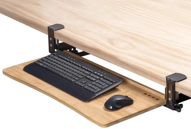 Main image of Keyboard Tray Under Desk with Wrist Rest, Bamboo Wood Keyboard Drawer with Full Size Keyboard and Mouse Pad, Original Wood, KBTY-1