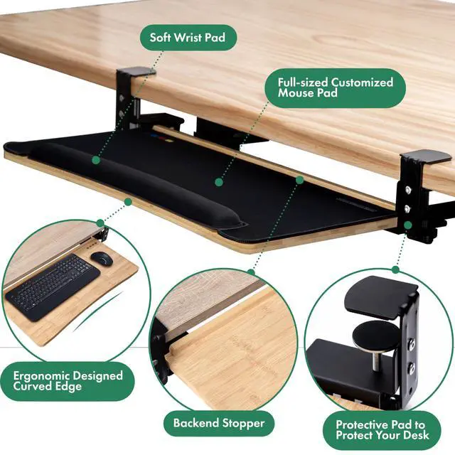 Alt view image 3 of 6 - Keyboard Tray Under Desk with Wrist Rest, Bamboo Wood Keyboard Drawer with Full Size Keyboard and Mouse Pad, Original Wood, KBTY-1