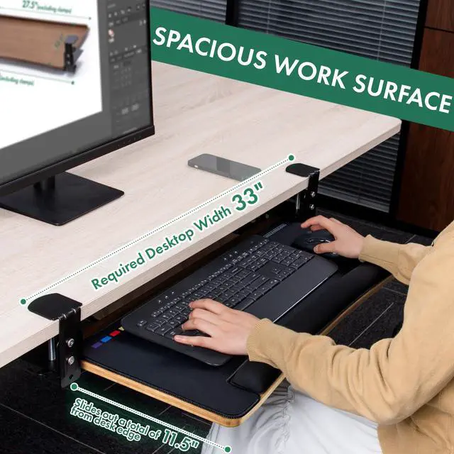 Alt view image 4 of 6 - Keyboard Tray Under Desk with Wrist Rest, Bamboo Wood Keyboard Drawer with Full Size Keyboard and Mouse Pad, Original Wood, KBTY-1