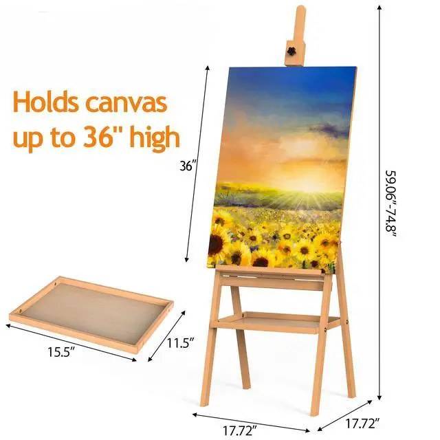 Alt view image 2 of 6 - Beech Wood H-Frame Art Easel Adjustable 58"-75" Professional Studio Easel with Storage, Holds Up to 36" Canvas