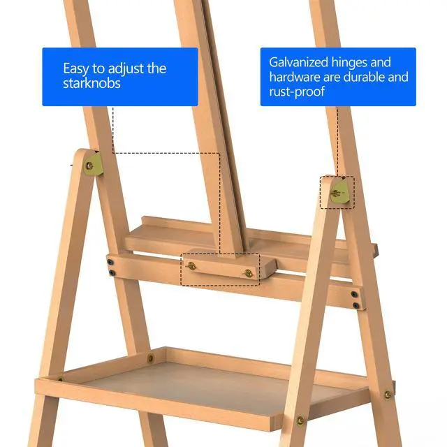 Alt view image 5 of 6 - Beech Wood H-Frame Art Easel Adjustable 58"-75" Professional Studio Easel with Storage, Holds Up to 36" Canvas