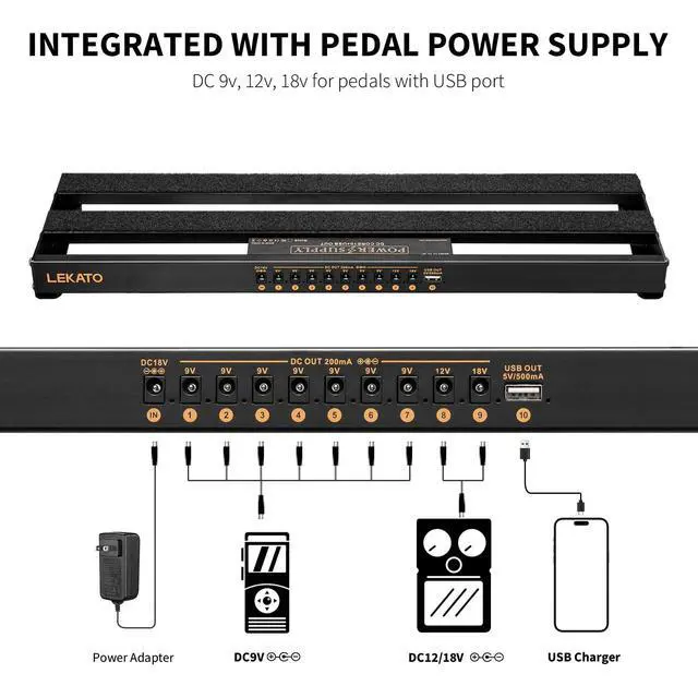 Alt view image 3 of 7 - Guitar Pedal Board, Pedal Board with Built-in Power Supply, 19x5.1x1.8" 1.8LB, Aluminum Alloy PedalBoard with Pedal Cables, Bag, Adhesive Hookside Tape
