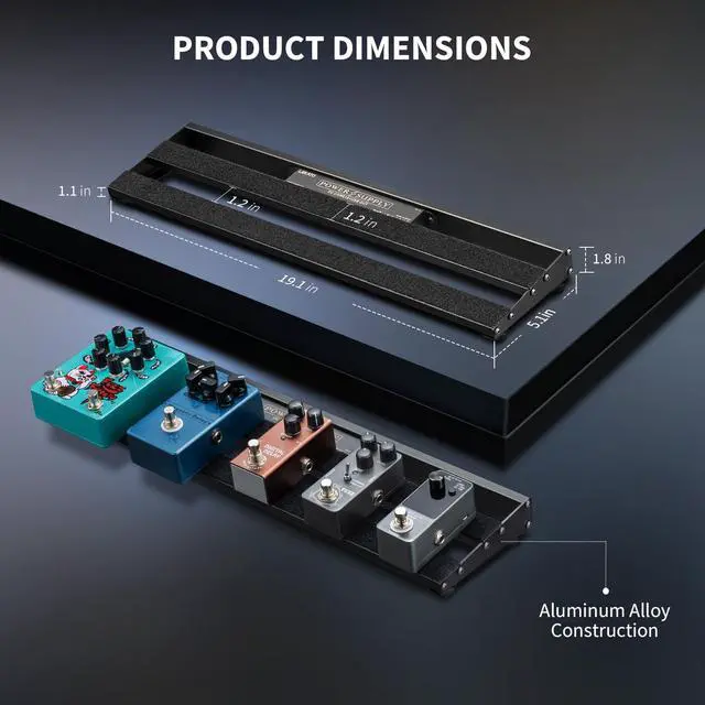 Alt view image 5 of 7 - Guitar Pedal Board, Pedal Board with Built-in Power Supply, 19x5.1x1.8" 1.8LB, Aluminum Alloy PedalBoard with Pedal Cables, Bag, Adhesive Hookside Tape