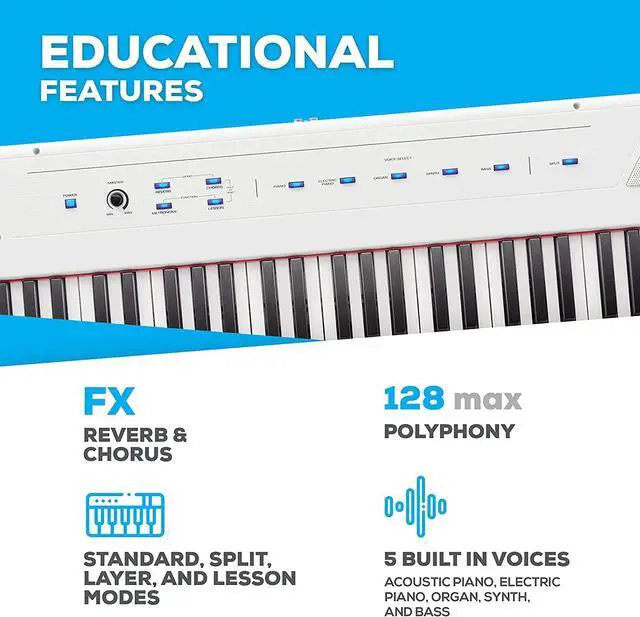 Alt view image 3 of 7 - Recital 88 Key Digital Piano Keyboard with Semi Weighted Keys, 5 Voices, Piano Lessons, and M-Audio HDH40 Piano Headphones for Silent Practice
