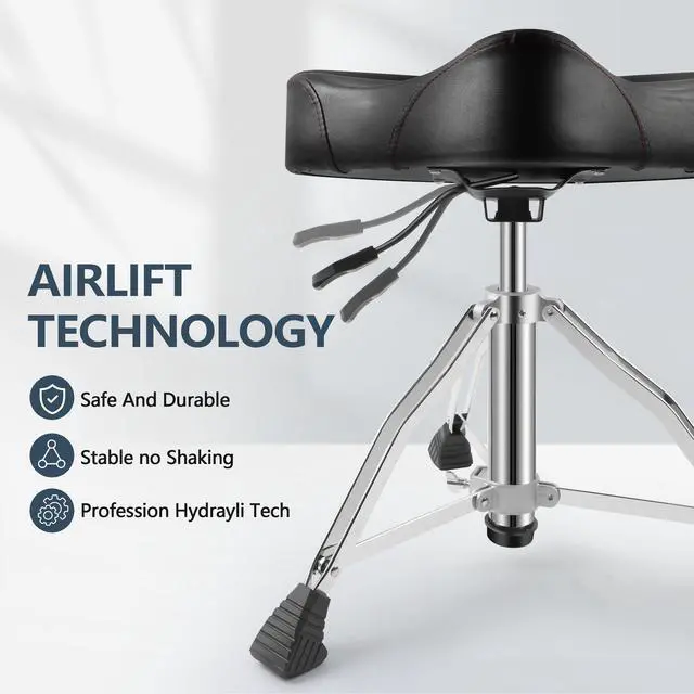 Alt view image 3 of 6 - Drum Throne, Airlift Heavy Duty Drum Thrones Seat, Adjustable Stool Drum Motorcycle Style Drum Throne Drummer Stool with with Double Braced Anti-Slip Feet Saddle Drum Seat