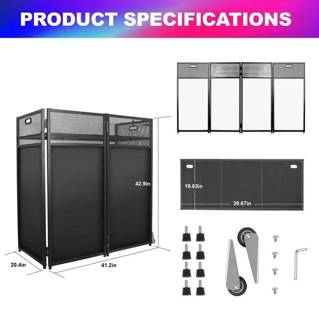 Alt view image 2 of 7 - Portable DJ Facade Table 43"H, Foldable Metal Frame Stand with Wheels | DJ Table With Wheels and Carry Handles, Stable Metal Structure, Dual Scrims For Events, Parties