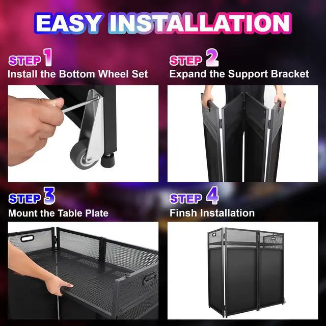 Alt view image 6 of 7 - Portable DJ Facade Table 43"H, Foldable Metal Frame Stand with Wheels | DJ Table With Wheels and Carry Handles, Stable Metal Structure, Dual Scrims For Events, Parties
