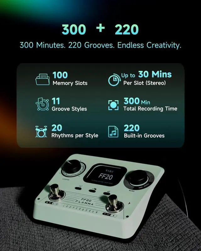 Alt view image 2 of 7 - FF20 Looper Pedal Drum Machine, Drum Looper Guitar Pedal with Screen, 300 Min Recording, 220 Drum Grooves, 100 Loop Slots, Time Stretch, Auto Record, USB & Headphone Out, for Guitar and Bass