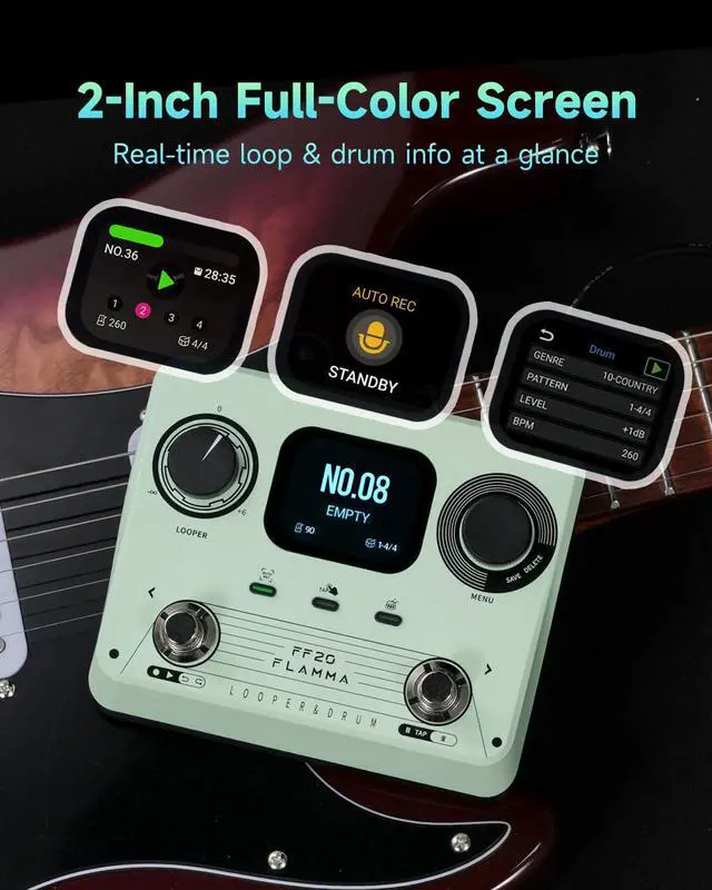 Alt view image 3 of 7 - FF20 Looper Pedal Drum Machine, Drum Looper Guitar Pedal with Screen, 300 Min Recording, 220 Drum Grooves, 100 Loop Slots, Time Stretch, Auto Record, USB & Headphone Out, for Guitar and Bass
