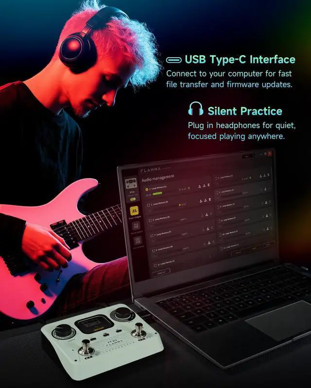 Alt view image 4 of 7 - FF20 Looper Pedal Drum Machine, Drum Looper Guitar Pedal with Screen, 300 Min Recording, 220 Drum Grooves, 100 Loop Slots, Time Stretch, Auto Record, USB & Headphone Out, for Guitar and Bass