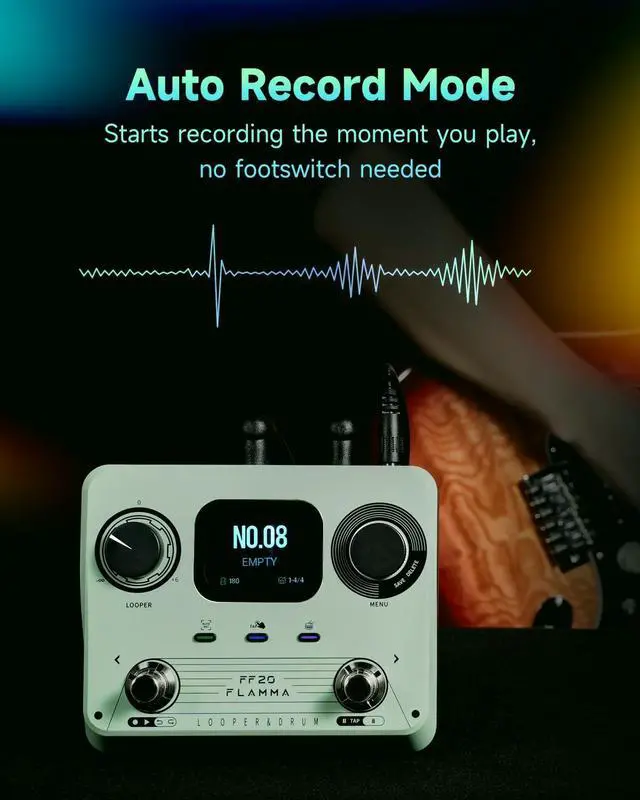 Alt view image 5 of 7 - FF20 Looper Pedal Drum Machine, Drum Looper Guitar Pedal with Screen, 300 Min Recording, 220 Drum Grooves, 100 Loop Slots, Time Stretch, Auto Record, USB & Headphone Out, for Guitar and Bass