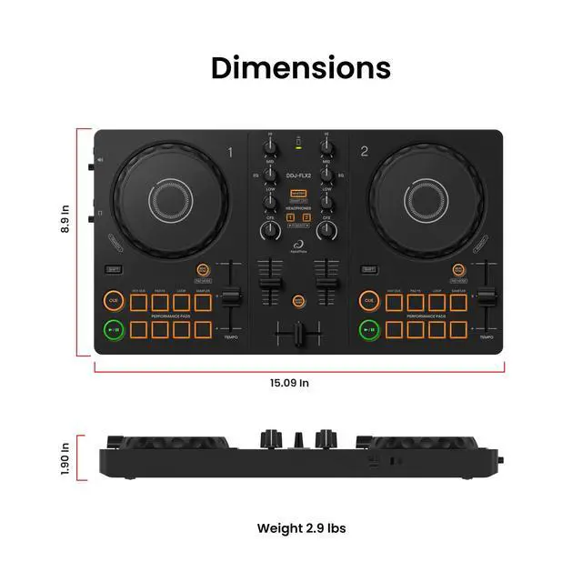 Alt view image 7 of 7 - Pioneer DJ DDJ-FLX2 Compact 2-Channel DJ Controller | Bundle with Laptop Stand, Headphones, and Austin Bazaar Polishing Cloth