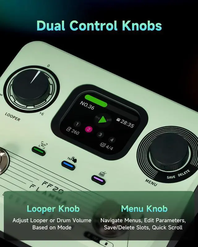 Alt view image 6 of 7 - FF20 Looper Pedal Drum Machine, Drum Looper Guitar Pedal with Screen, 300 Min Recording, 220 Drum Grooves, 100 Loop Slots, Time Stretch, Auto Record, USB & Headphone Out, for Guitar and Bass