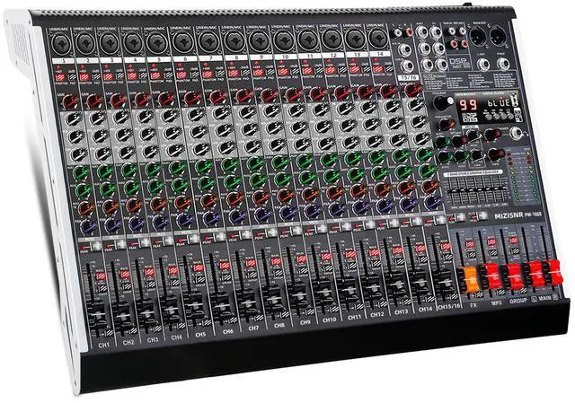 Main image of 16 Channel Audio Mixer Professional Sound Mixing Board with 99 DSP Effects, 7-band EQ Digital DJ Mixer Console w/USB Bluetooth MP3 for Recording, Independent 48V Power & Mute Button